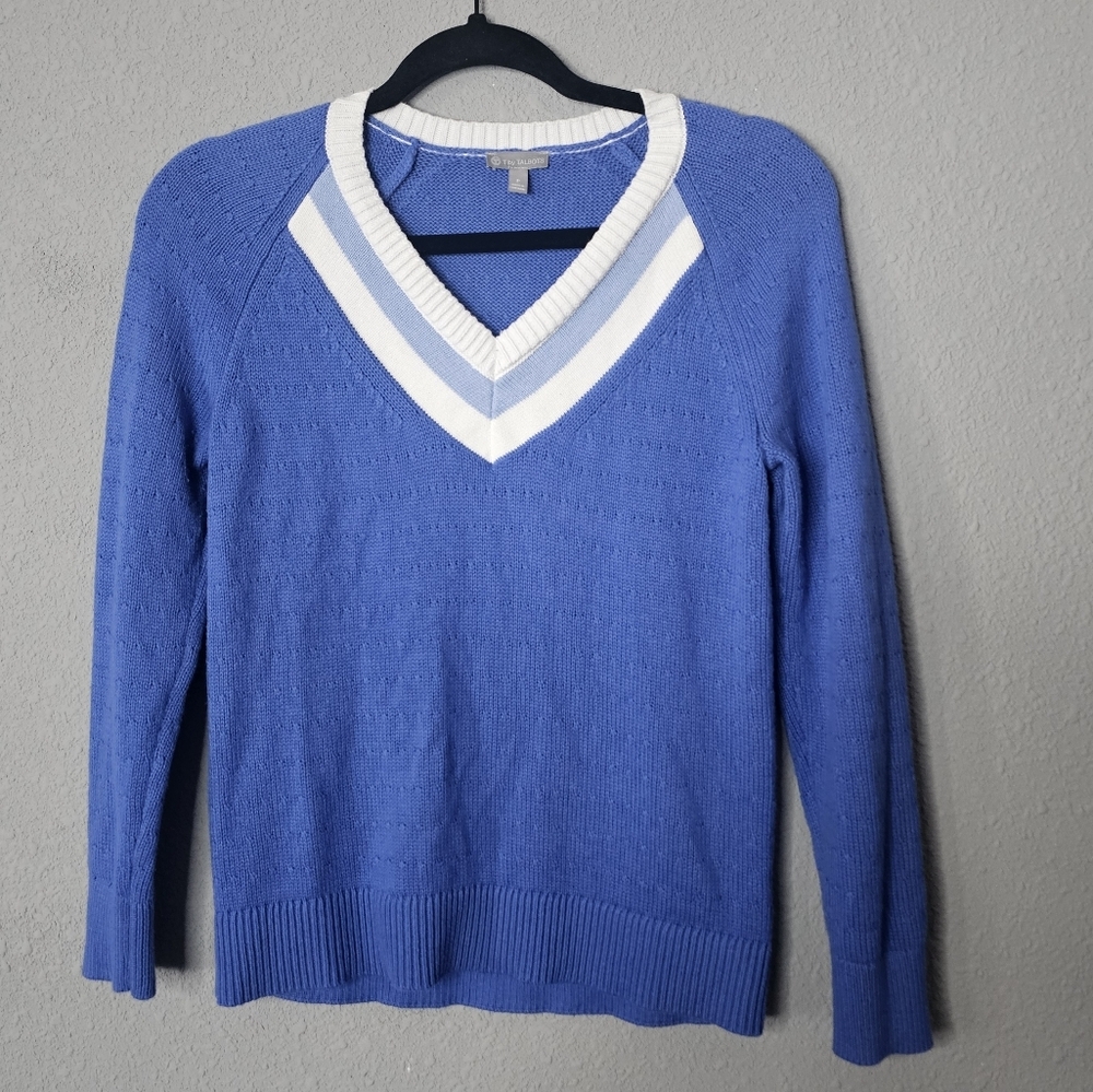 T by Talbots Petite Womens PP Blue Sweater White V‎ Neck Tennis Preppy Resort